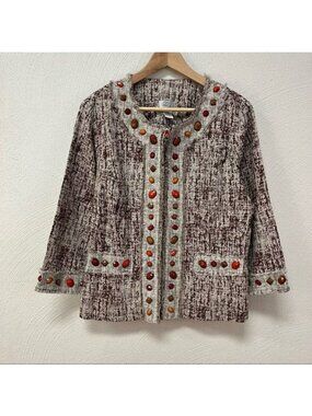 NWT Just Be Brown & Cream Linen Jacket with Gem Details Sz XL (B47744CS)